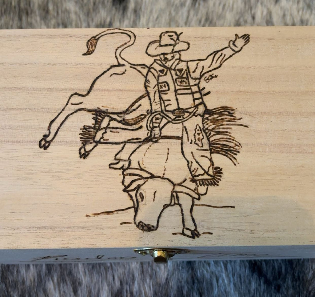 Wood Burned Box - Bull Riding "Rodeo Time" - Customized