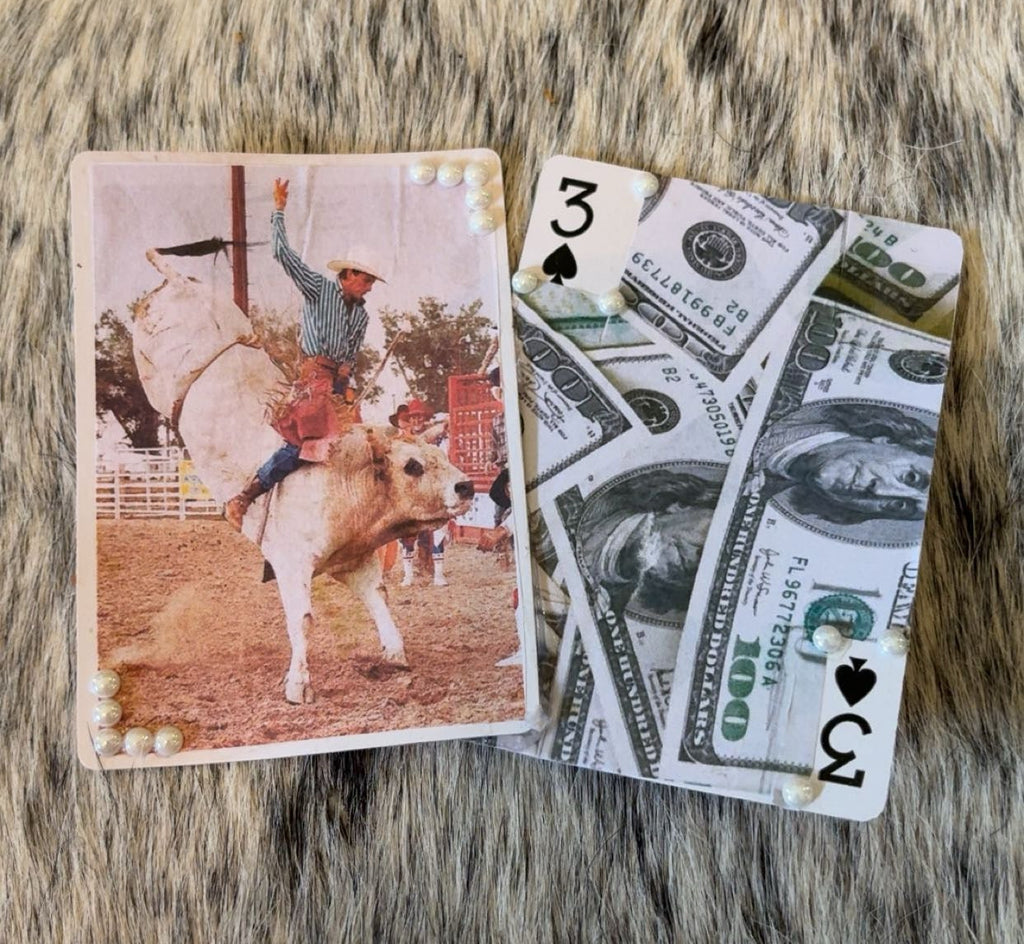 Vintage Bull Riding And Money Pearl Bedazzled Hat Card Set