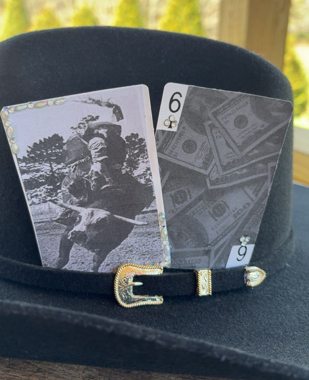 Black & White Bull Riding And Money Bedazzled Hat Card Set