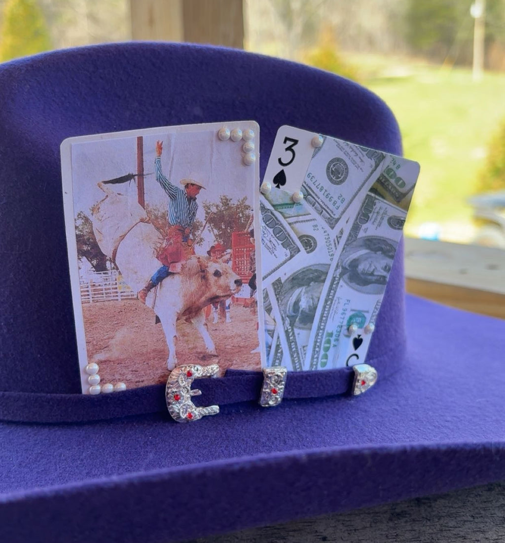 Vintage Bull Riding And Money Pearl Bedazzled Hat Card Set