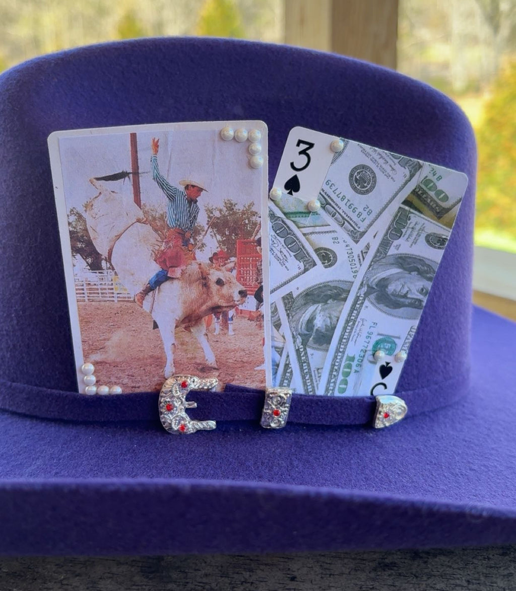 Vintage Bull Riding And Money Pearl Bedazzled Hat Card Set