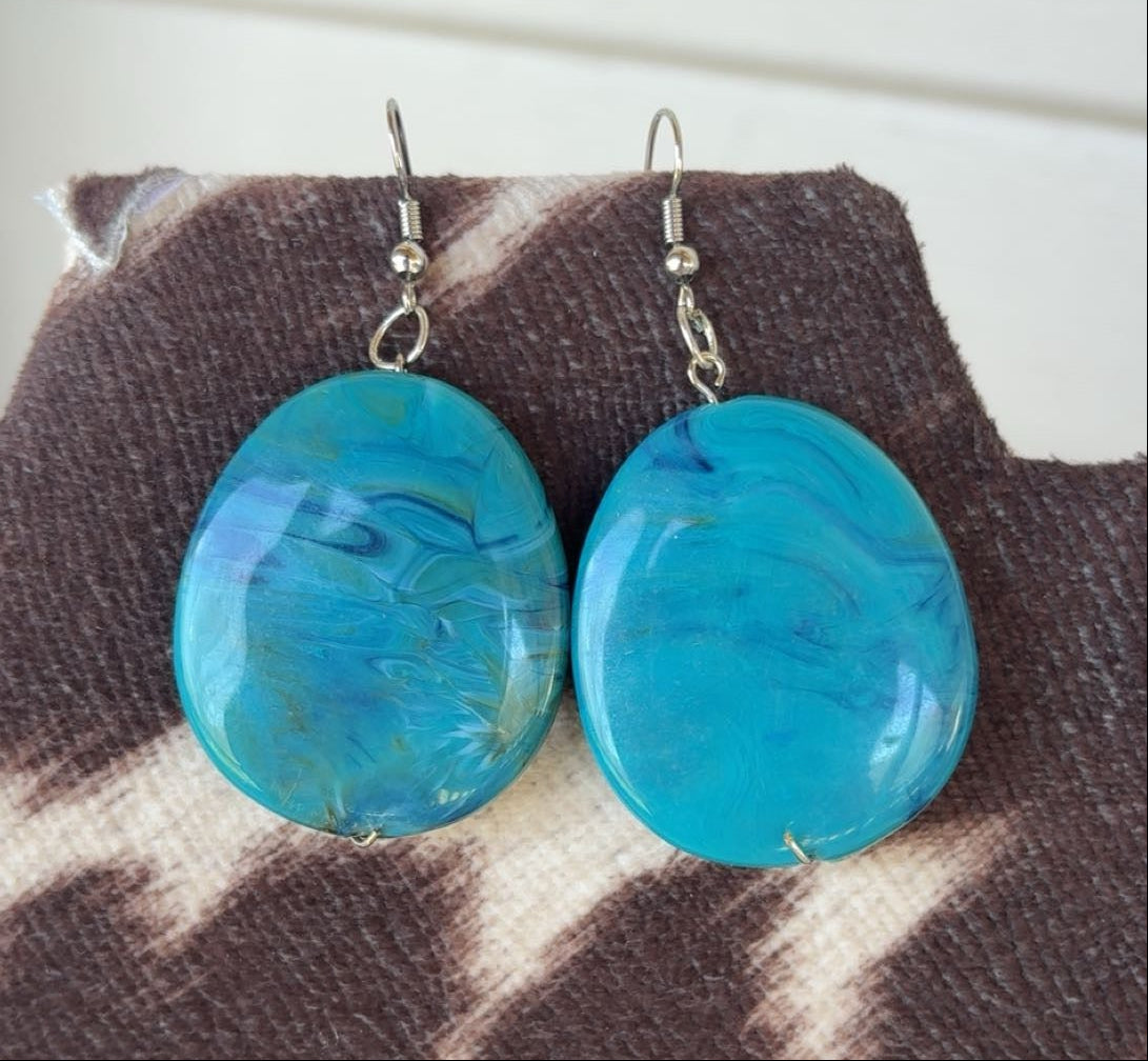 Giant Teal & Brown Marbled Drop Earrings