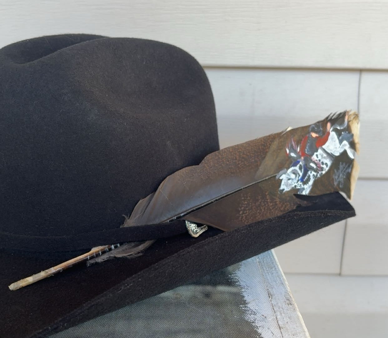 Bull Riding - Red Shirt - Large Painted Turkey Feather