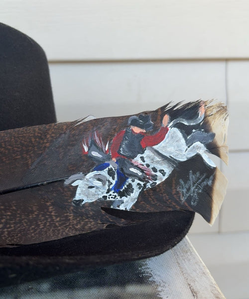 Bull Riding - Red Shirt - Large Painted Turkey Feather