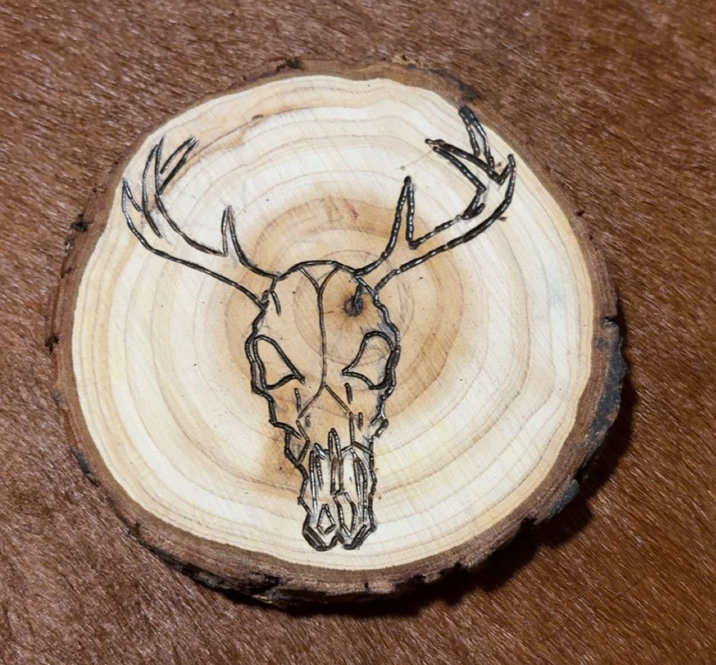 Custom Deer Skull & Buffalo Skull Wood Burned Coasters - 2 piece set-