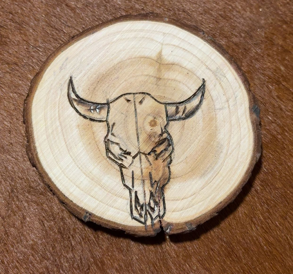 Custom Deer Skull & Buffalo Skull Wood Burned Coasters - 2 piece set-