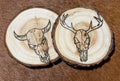 Custom Deer Skull & Buffalo Skull Wood Burned Coasters - 2 piece set-