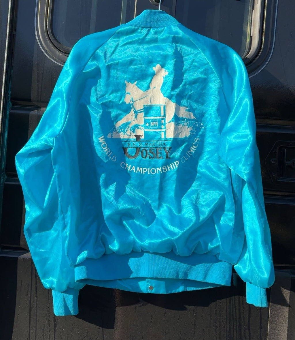 Martha Josey Barrel Clinic Baby Blue Satin Bomber Jacket