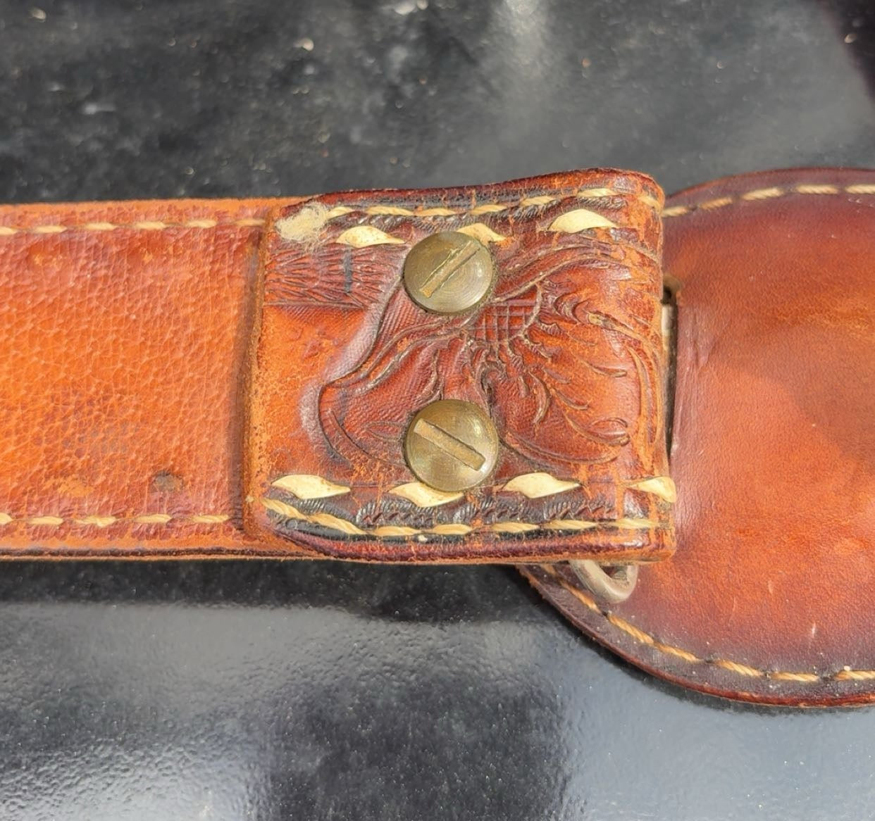 Vintage Tooled Leather & White Stitched Belt With Leather Round Buckle