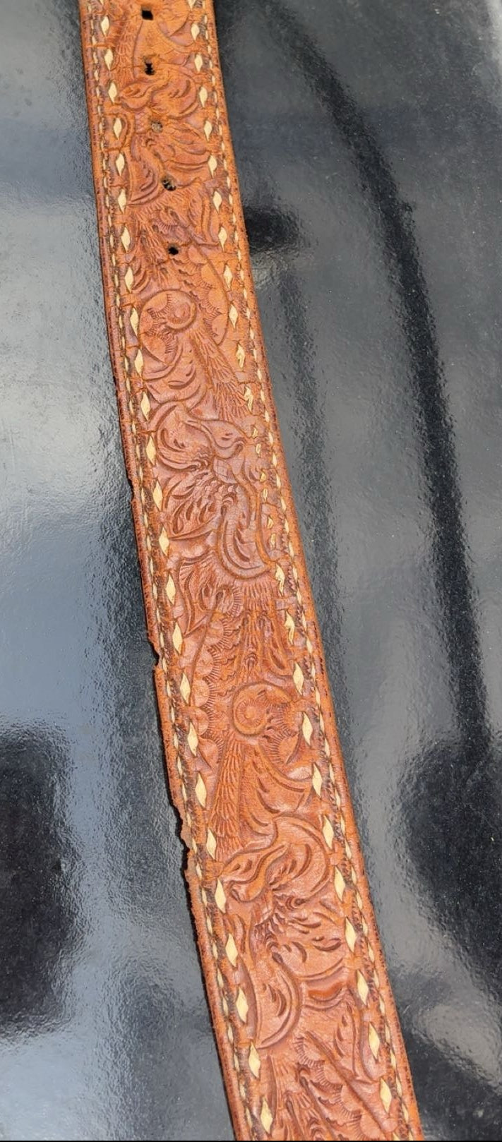 Vintage Tooled Leather & White Stitched Belt With Leather Round Buckle