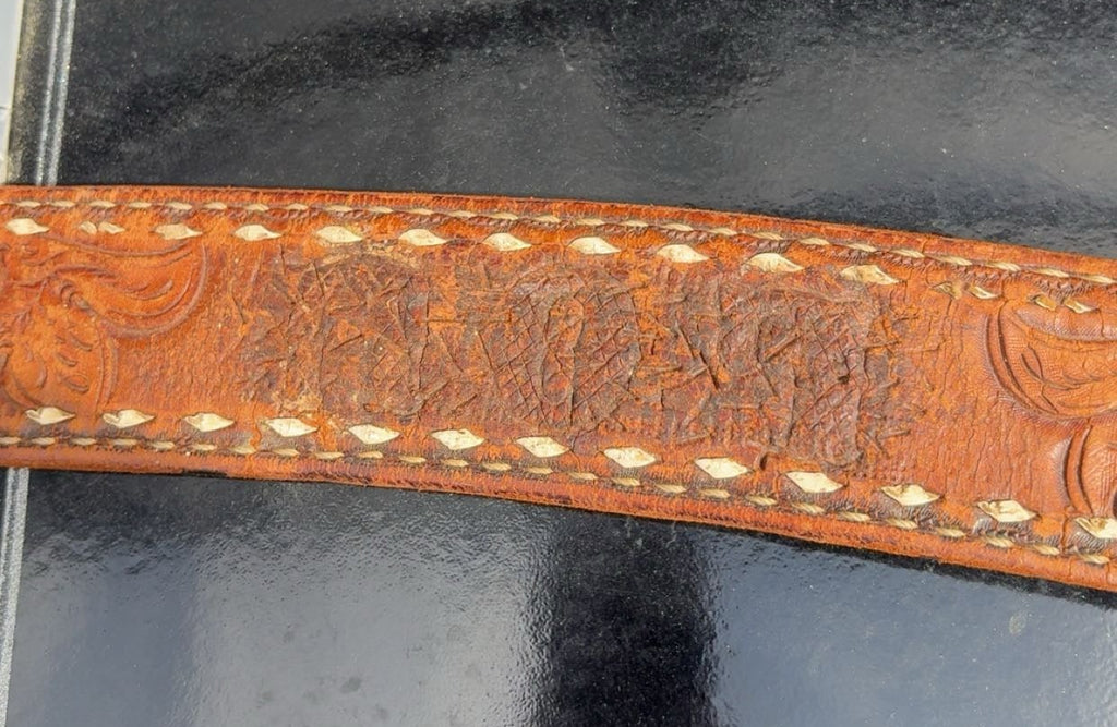 Vintage Tooled Leather & White Stitched Belt With Leather Round Buckle