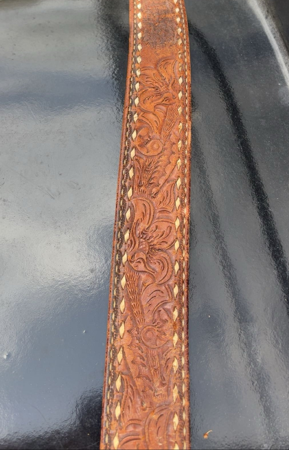 Vintage Tooled Leather & White Stitched Belt With Leather Round Buckle