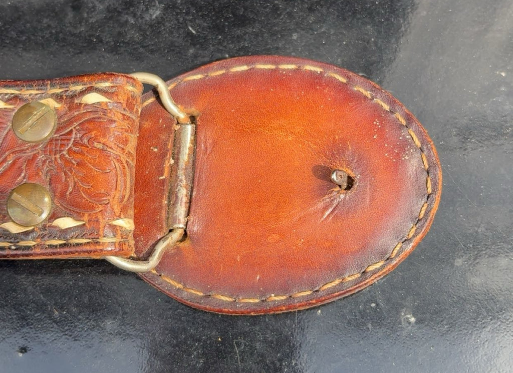 Vintage Tooled Leather & White Stitched Belt With Leather Round Buckle