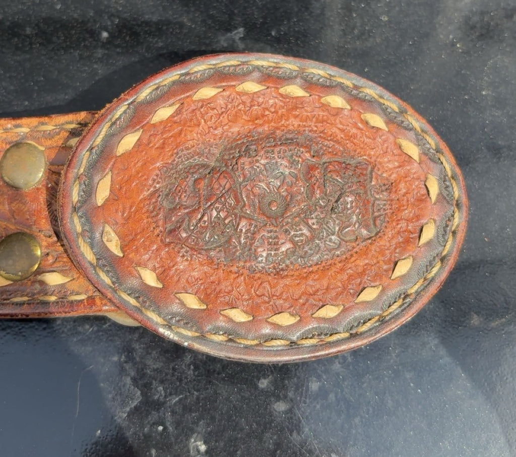 Vintage Tooled Leather & White Stitched Belt With Leather Round Buckle
