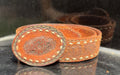 Vintage Tooled Leather & White Stitched Belt With Leather Round Buckle