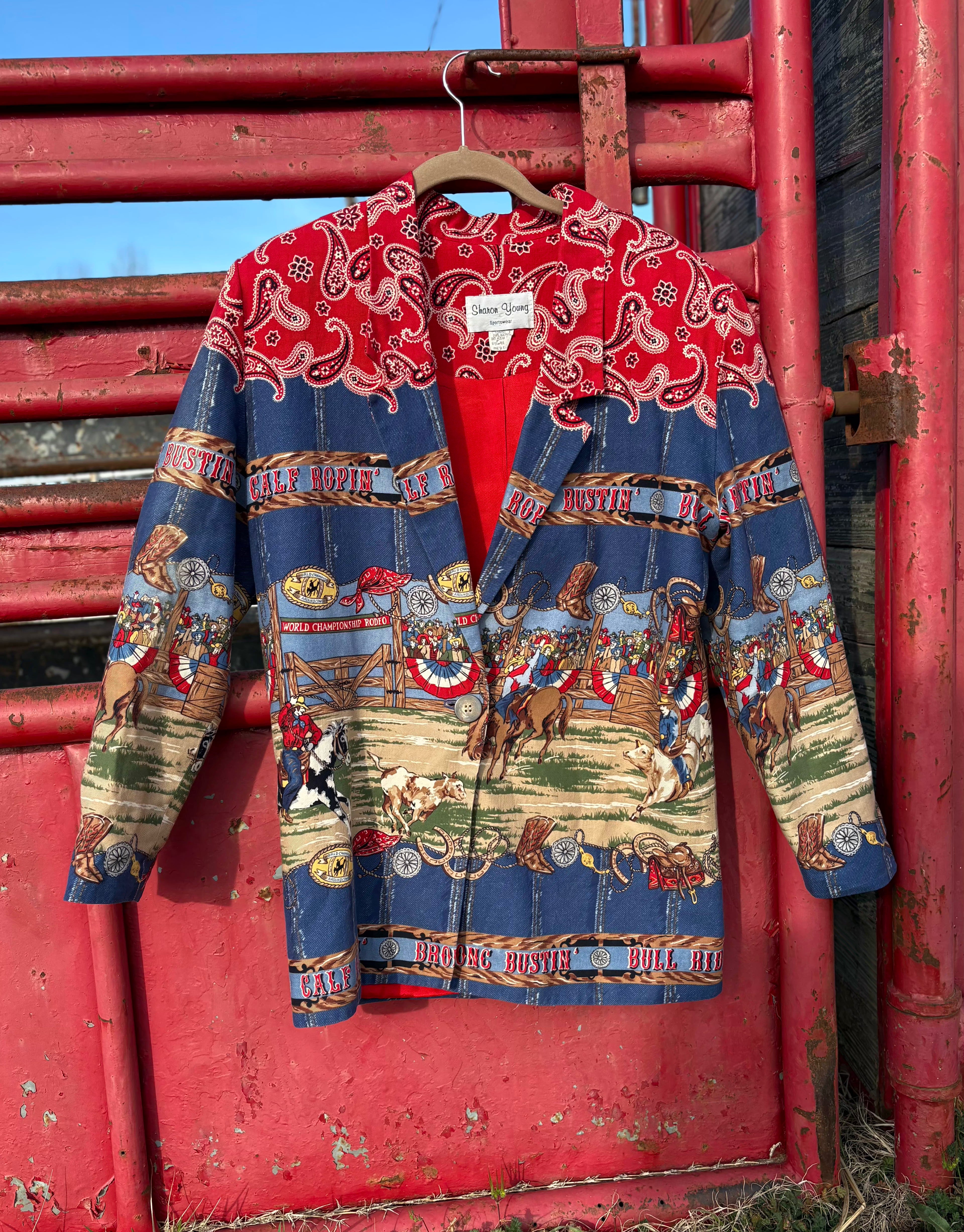 Sharon Young Vintage Rodeo Scene Blazer With Padded Shoulders