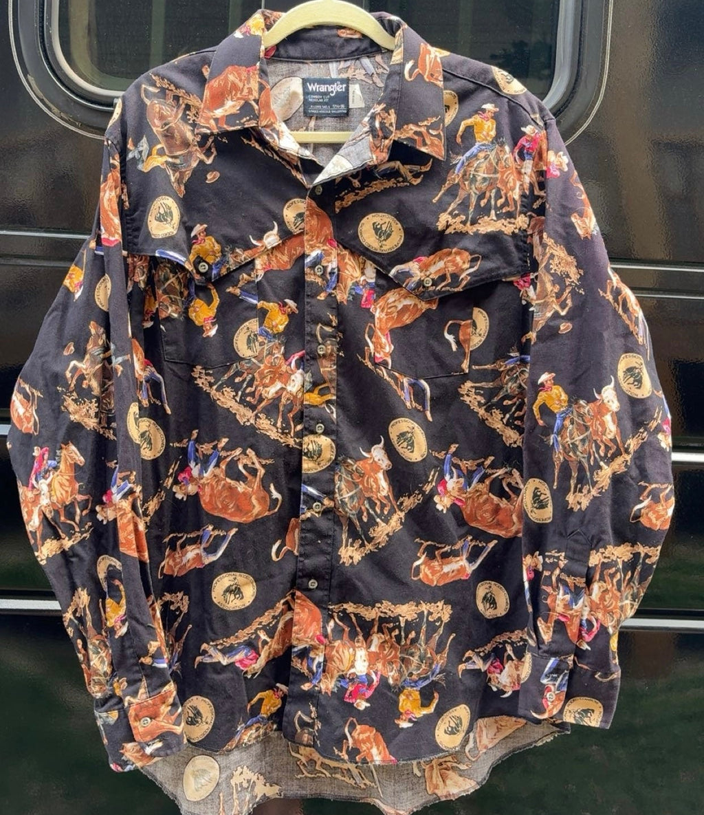 Vintage PRCA Pro Rodeo Black Roping & Bull Doggin' Button-Up