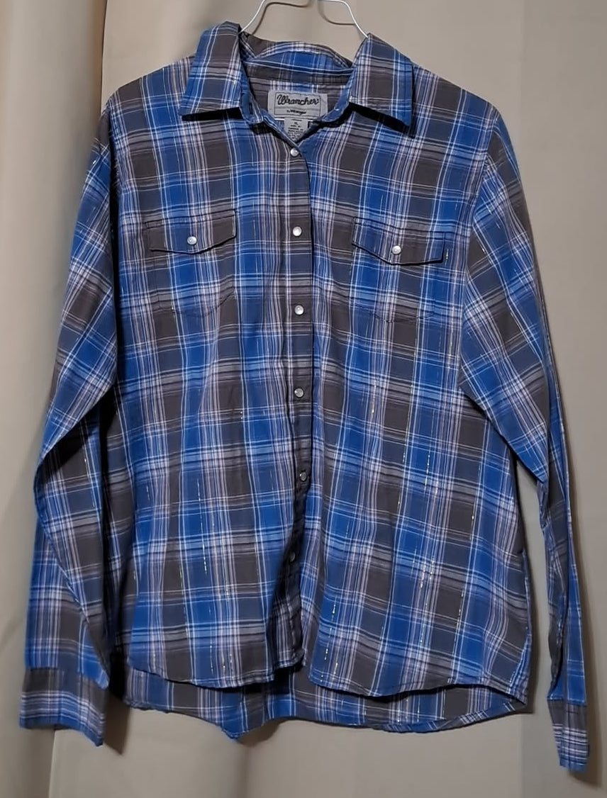 Wrangler Wrancher Vintage Women's Brown And Blue Plaid Gold Sparkle